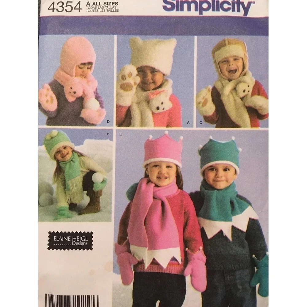 Simplicity 4354 Child's Pattern Fleece Hats Mittens Scarves Crown Animal‎ Ears